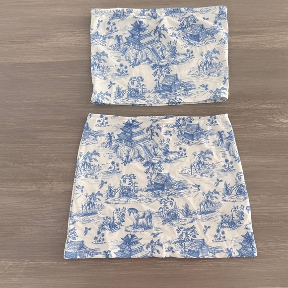 Edikted Delft Print Tube Top and Low- Rise Skirt Set - Picture 3 of 7